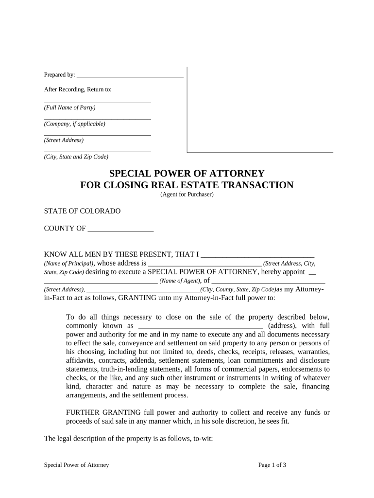 Special or Limited Power of Attorney for Real Estate Purchase Transaction by Purchaser - Colorado Preview on Page 1