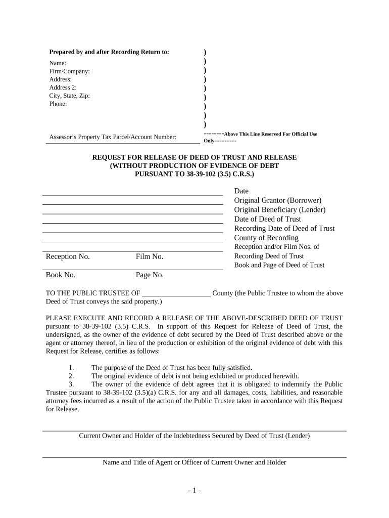 Satisfaction, Release or Cancellation of Deed of Trust by Corporation - Colorado Preview on Page 1