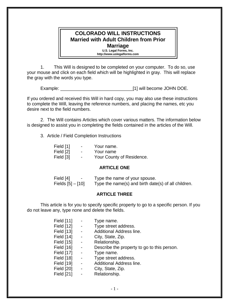 Legal Last Will and Testament Form for Married person with Adult Children from Prior Marriage - Colorado Preview on Page 1