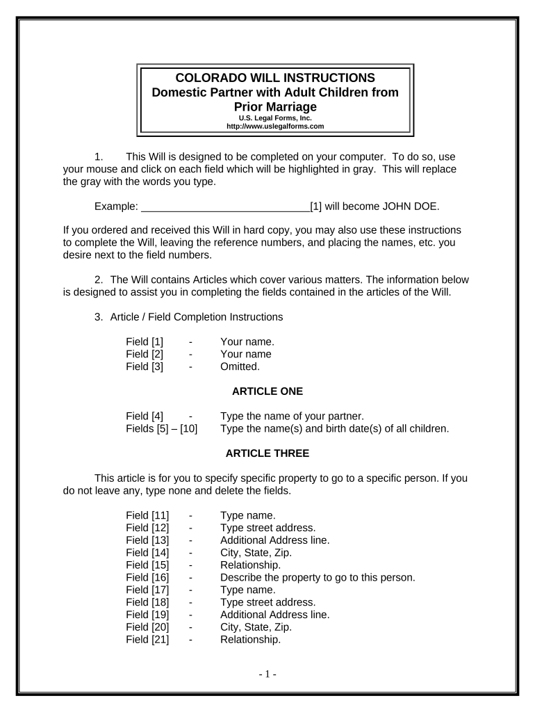 Legal Last Will and Testament Form for Domestic Partner with Adult Children from Prior Marriage - Colorado Preview on Page 1.