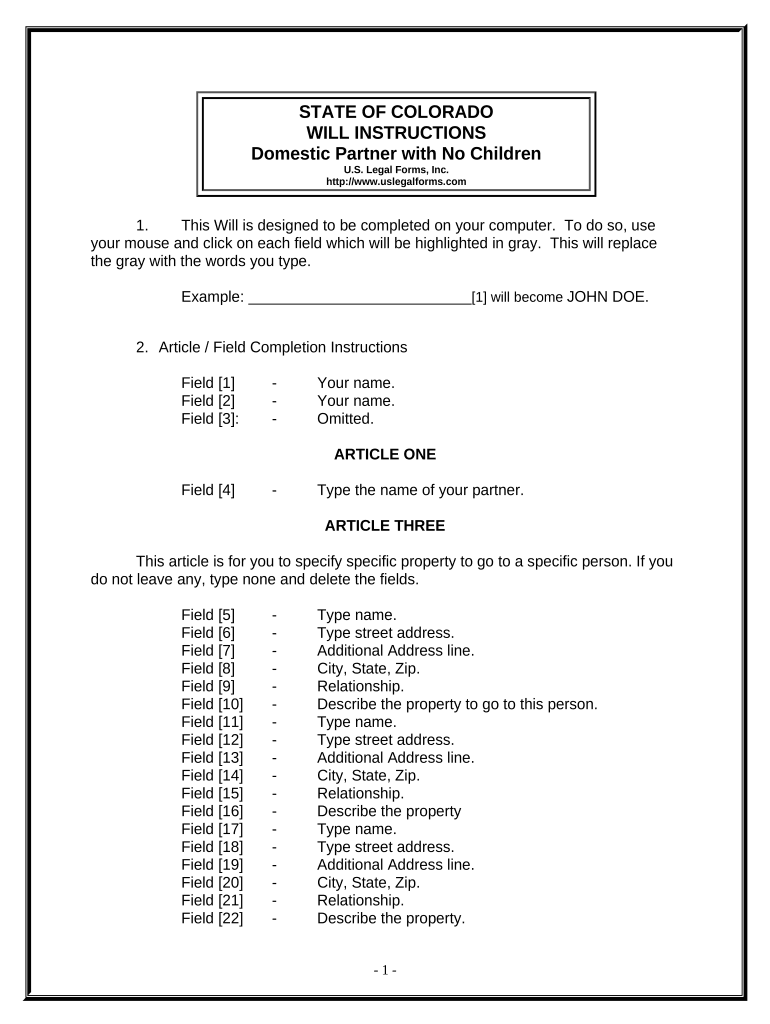 Legal Last Will and Testament Form for a Domestic Partner with No Children - Colorado Preview on Page 1