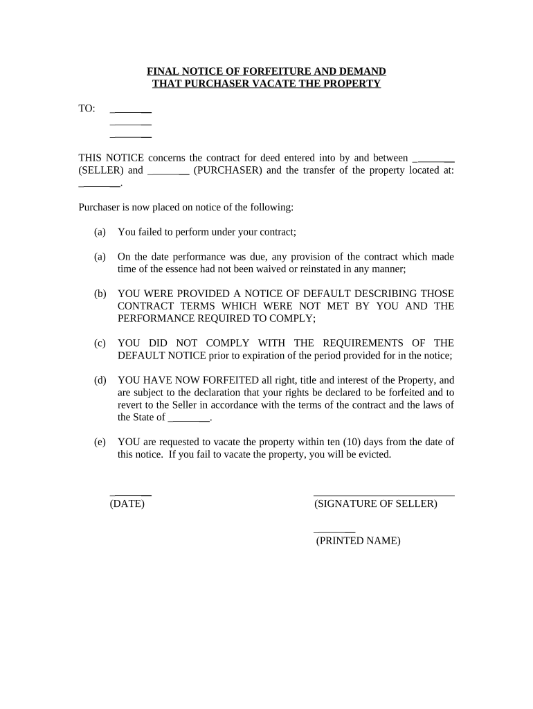 Final Notice of Forfeiture and Request to Vacate Property under Contract for Deed - Connecticut Preview on Page 1