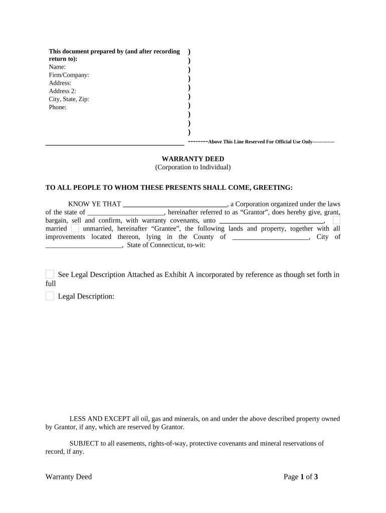 Warranty Deed from Corporation to Individual - Connecticut Preview on Page 1.