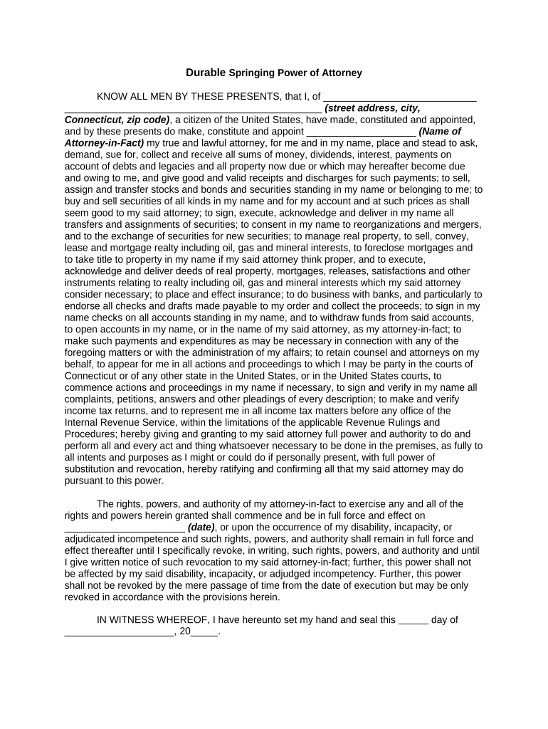 Durable Springing Power of Attorney - Connecticut Preview on Page 1