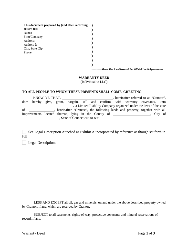 Warranty Deed from Individual to LLC - Connecticut Preview on Page 1.