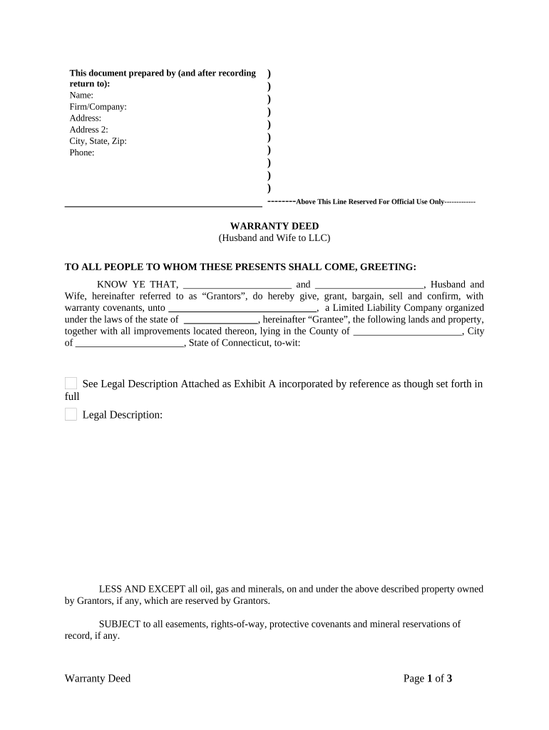 Warranty Deed from Husband and Wife to LLC - Connecticut Preview on Page 1.