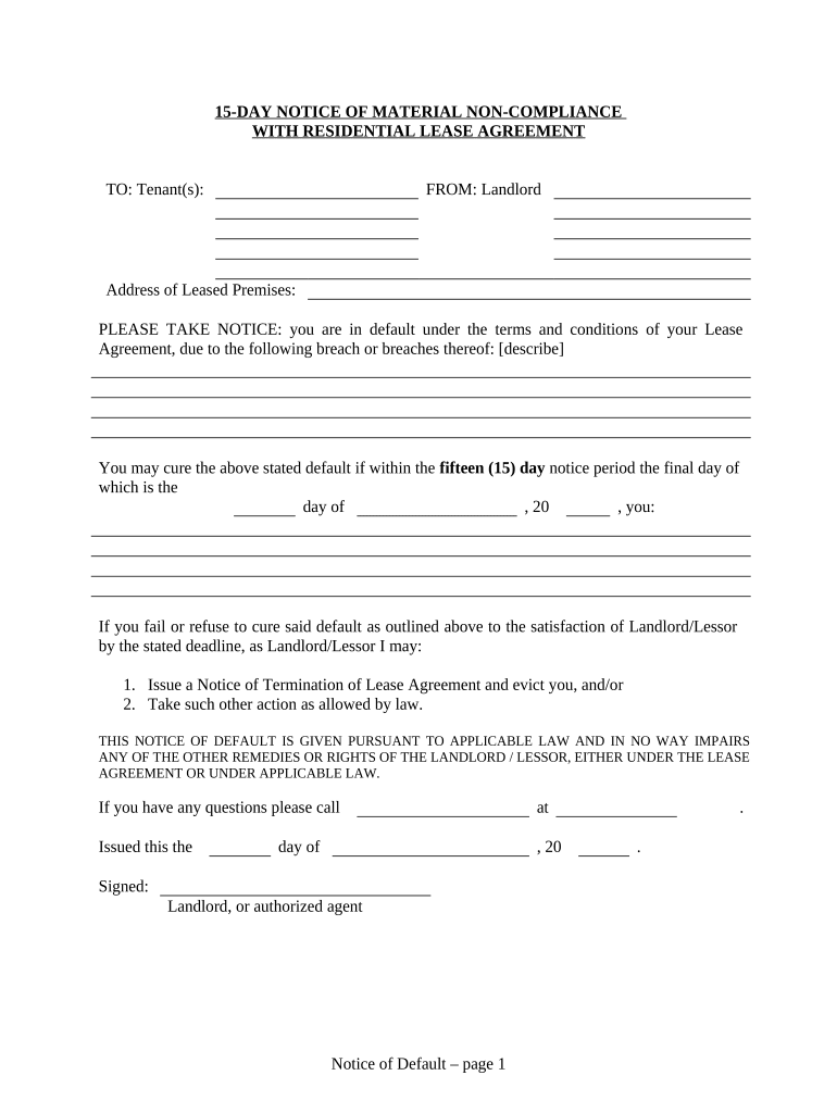 15 Day Notice of Material Noncompliance with Lease or Rental Agreement - Residential - 15 days to Cure - Connecticut Preview on Page 1