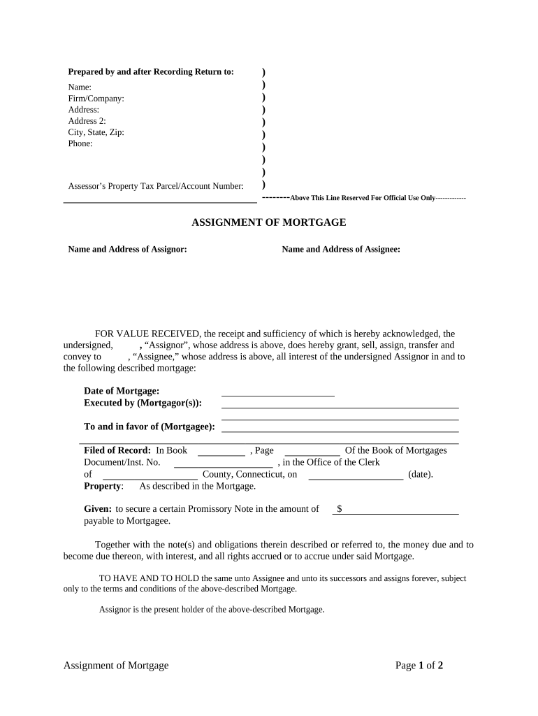 Assignment of Mortgage by Corporate Mortgage Holder - Connecticut Preview on Page 1