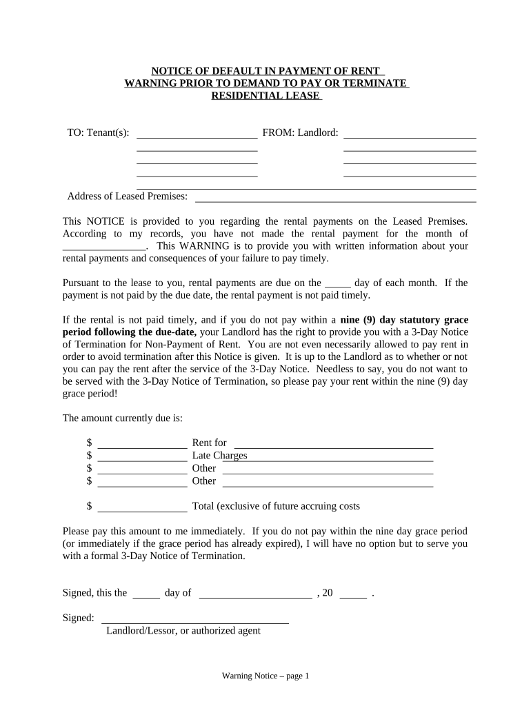 Notice of Default in Payment of Rent as Warning Prior to Demand to Pay or Terminate for Residential Property - Connecticut Preview on Page 1