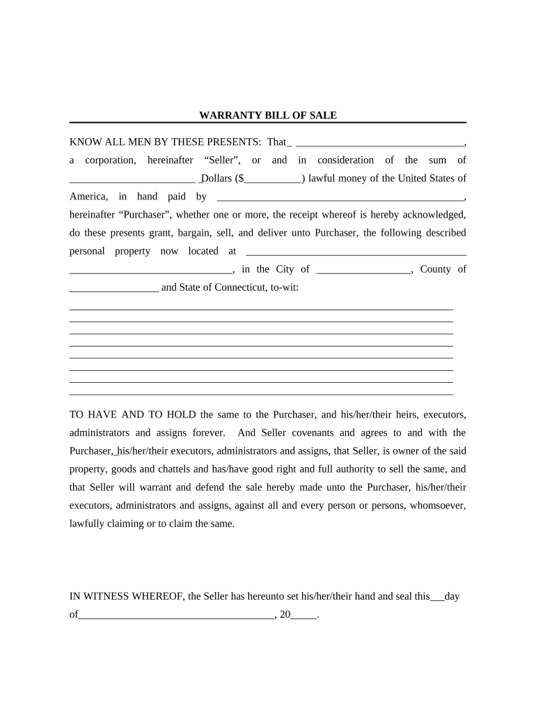 Bill of Sale with Warranty for Corporate Seller - Connecticut Preview on Page 1.