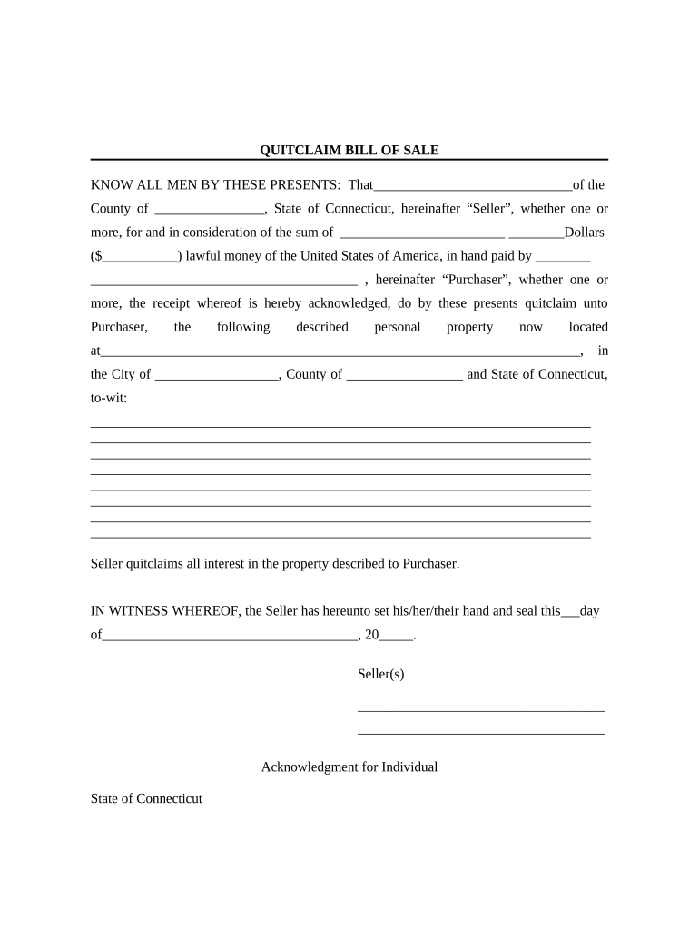 Bill of Sale without Warranty by Individual Seller - Connecticut Preview on Page 1