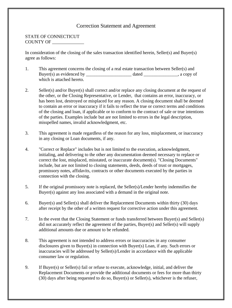 Correction Statement and Agreement - Connecticut Preview on Page 1