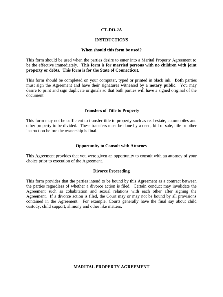 Marital Legal Separation and Property Settlement Agreement no Children parties may have Joint Property or Debts Effective Immediately - Connecticut Preview on Page 1.