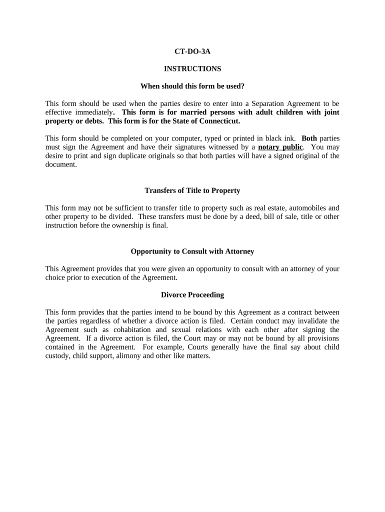 Marital Legal Separation and Property Settlement Agreement Adult Children Parties May have Joint Property or Debts effective Immediately - Connecticut Preview on Page 1