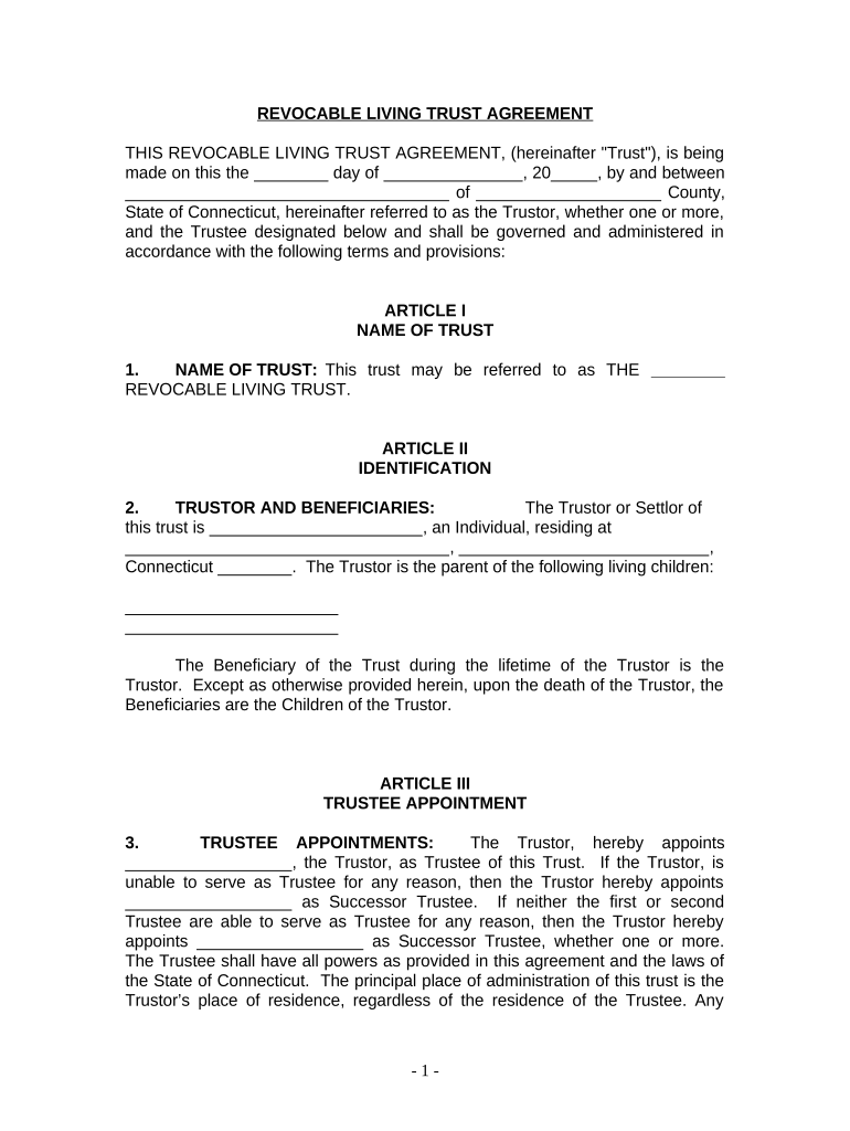 Living Trust for Individual, Who is Single, Divorced or Widow or Widower with Children - Connecticut Preview on Page 1