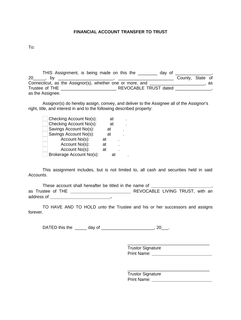 Financial Account Transfer to Living Trust - Connecticut Preview on Page 1