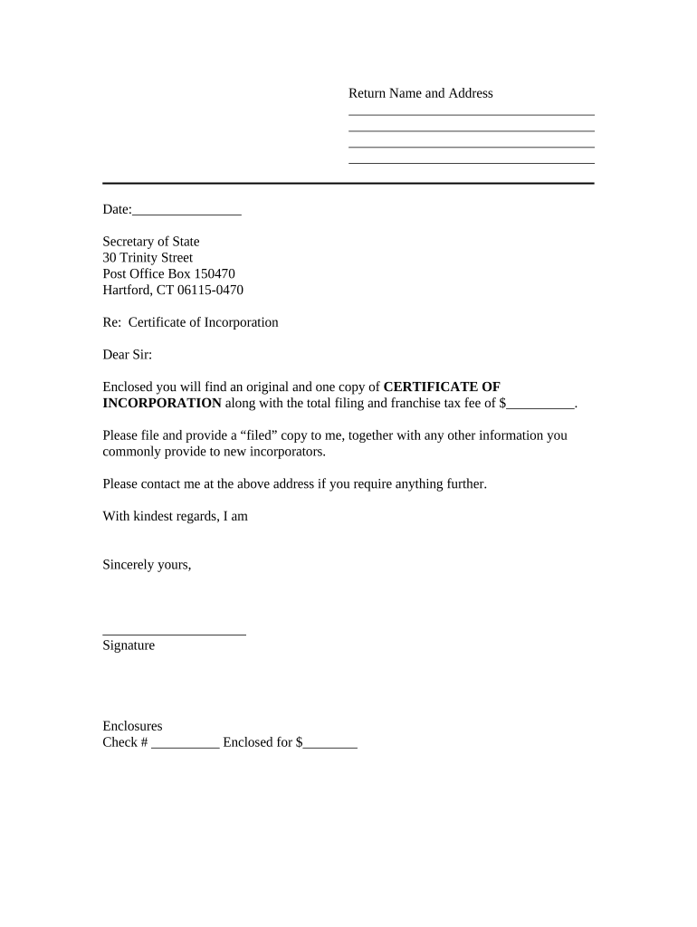 Sample Transmittal Letter to Secretary of State&#039;s Office to File Articles of Incorporation - Connecticut - Connecticut Preview on Page 1