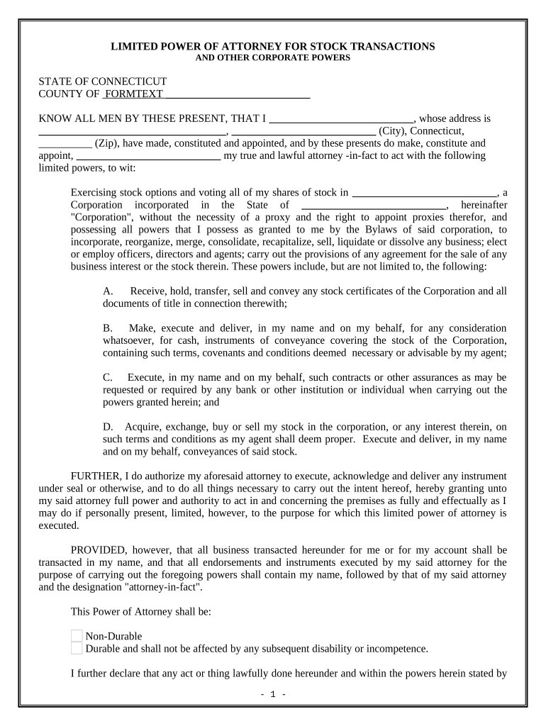 Limited Power of Attorney for Stock Transactions and Corporate Powers - Connecticut Preview on Page 1.