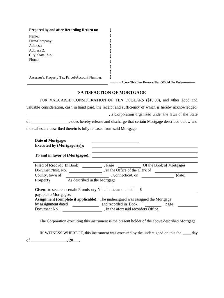 Satisfaction, Release or Cancellation of Mortgage by Corporation - Connecticut Preview on Page 1