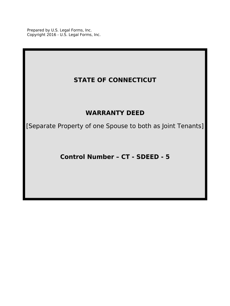 Warranty Deed to Separate Property of One Spouse to Both as Joint Tenants - Connecticut Preview on Page 1.