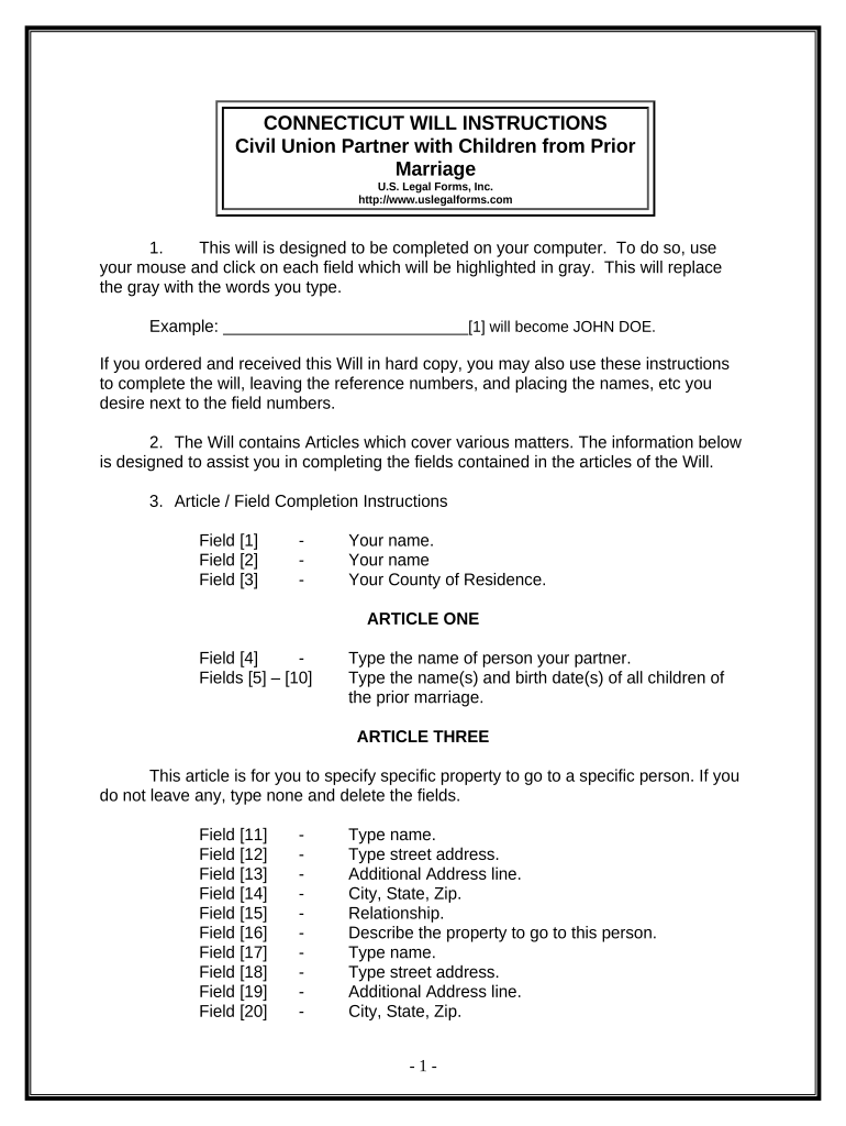 Legal Last Will and Testament for Civil Union Partner with Minor Children from Prior Marriage - Connecticut Preview on Page 1