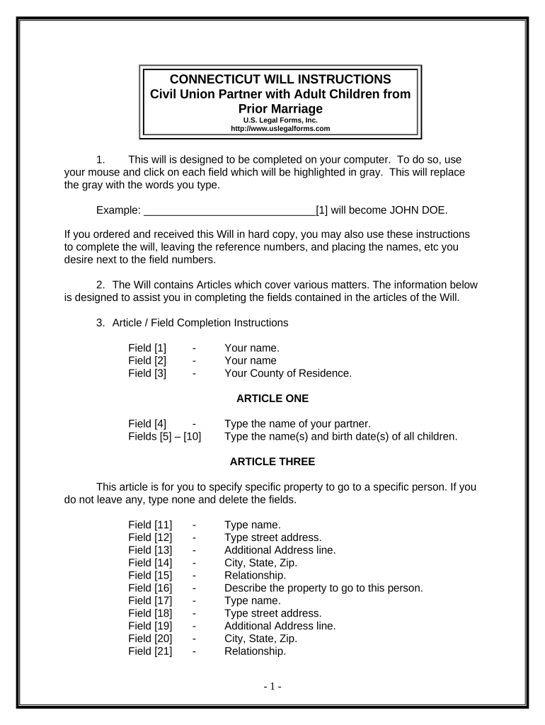 Legal Last Will and Testament Form for Civil Union Partner with Adult Children from Prior Marriage - Connecticut Preview on Page 1