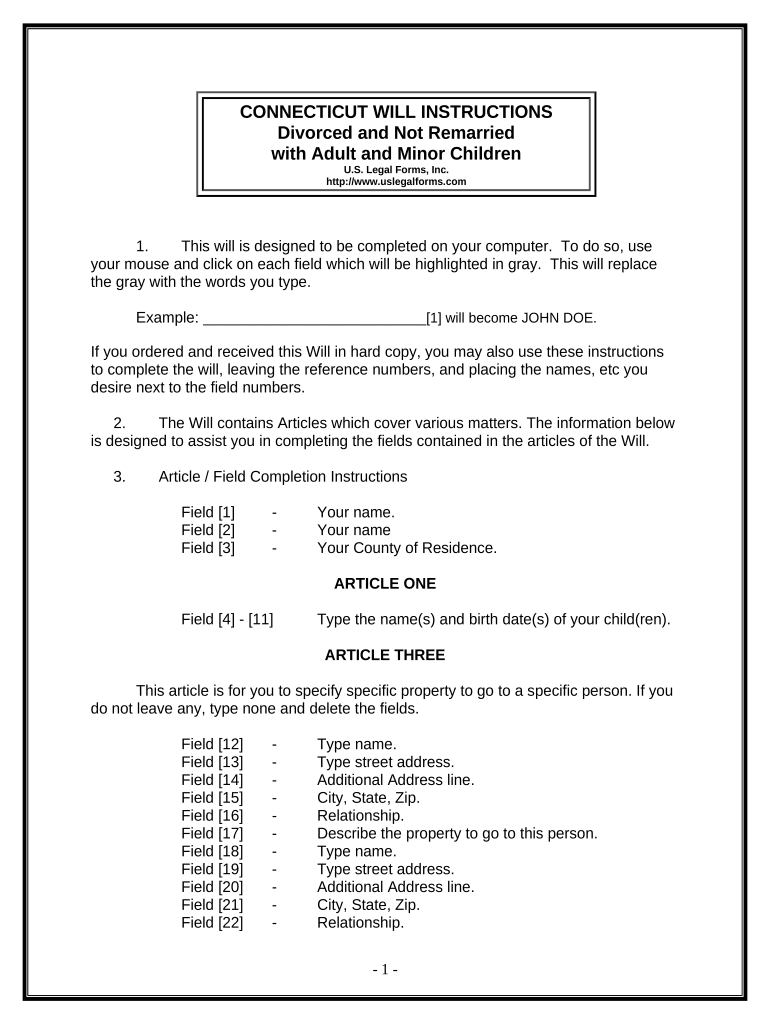 Legal Last Will and Testament Form for Divorced Person Not Remarried with Adult and Minor Children - Connecticut Preview on Page 1