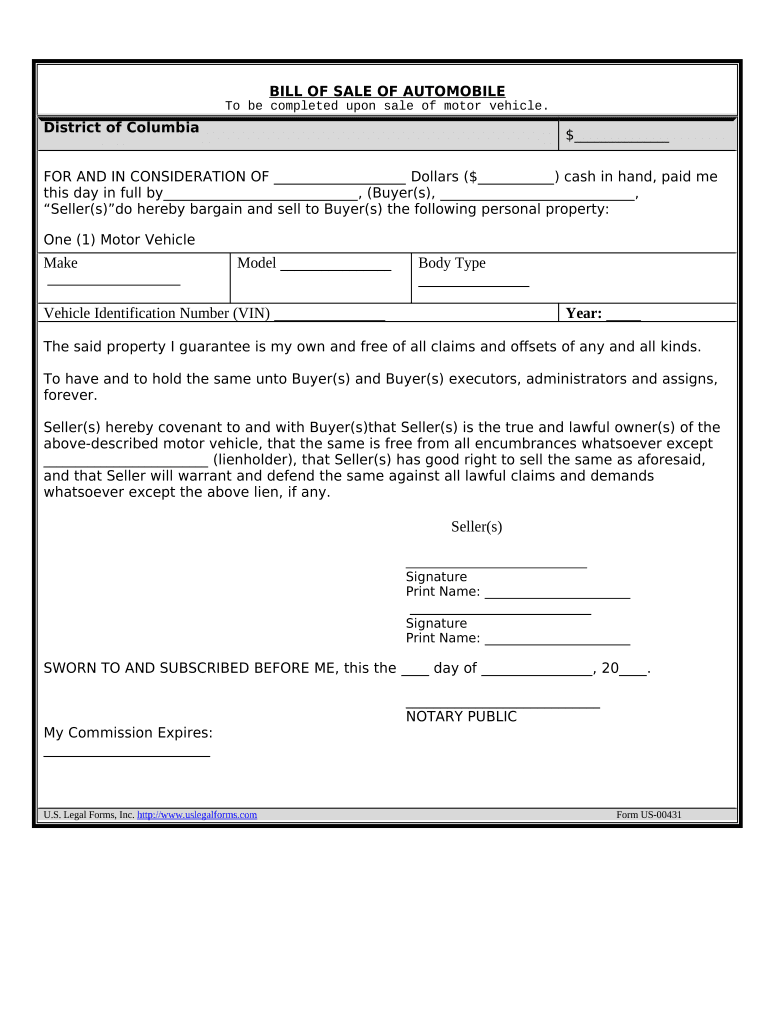 Bill of Sale of Automobile and Odometer Statement - District of Columbia Preview on Page 1