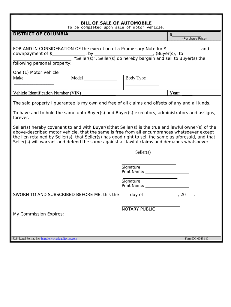 Bill of Sale for Automobile or Vehicle including Odometer Statement and Promissory Note - District of Columbia Preview on Page 1