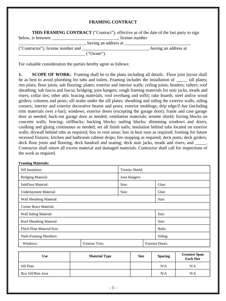 Framing Contract for Contractor - District of Columbia Preview on Page 1