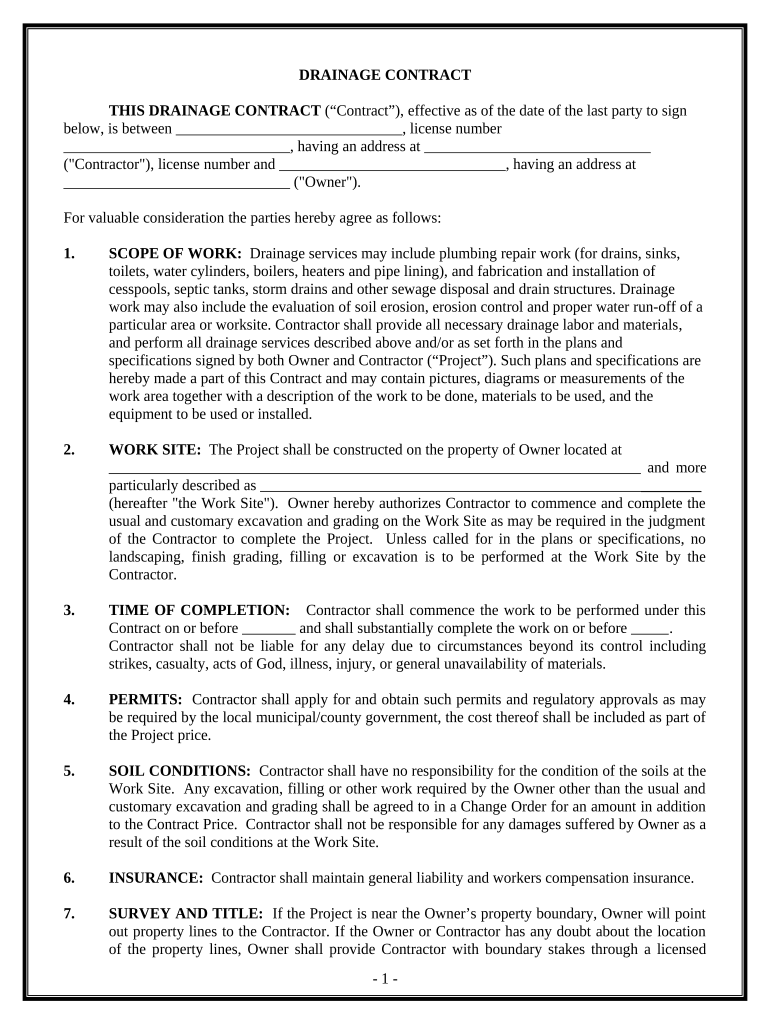 Drainage Contract for Contractor - District of Columbia Preview on Page 1.