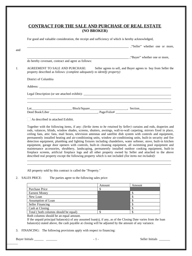 Contract for Sale and Purchase of Real Estate with No Broker for Residential Home Sale Agreement - District of Columbia Preview on Page 1