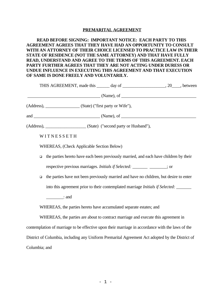 DC Prenuptial Premarital Agreement with Financial Statements - District of Columbia Preview on Page 1.