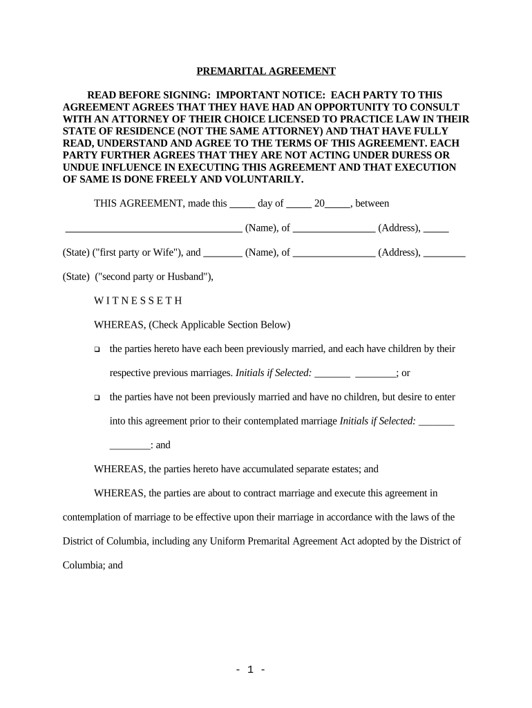 District of Columbia Prenuptial Premarital Agreement without Financial Statements - District of Columbia Preview on Page 1