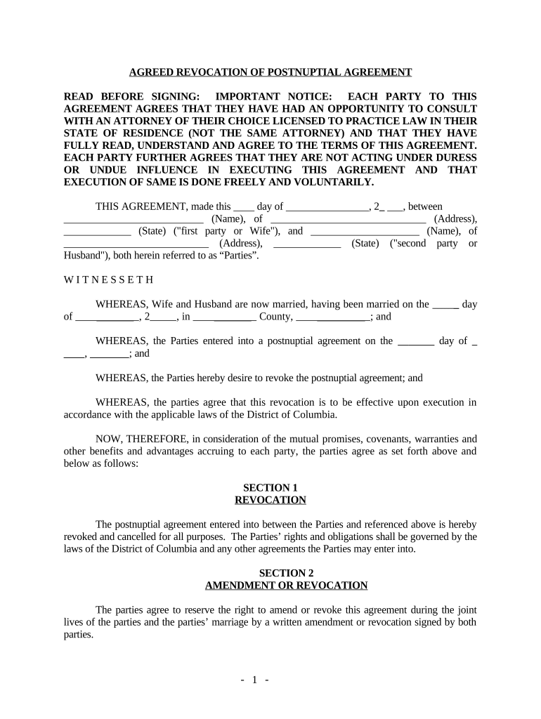 Revocation of Postnuptial Property Agreement - District of Columbia - District of Columbia Preview on Page 1