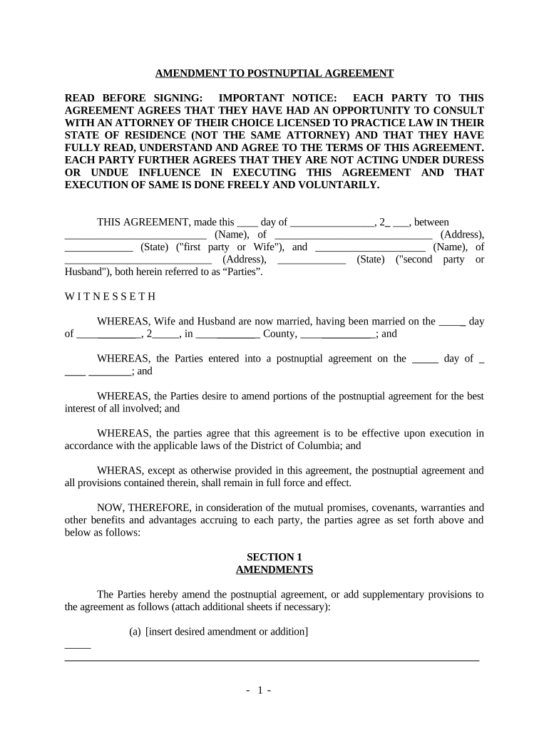 Amendment to Postnuptial Property Agreement - District of Columbia - District of Columbia Preview on Page 1