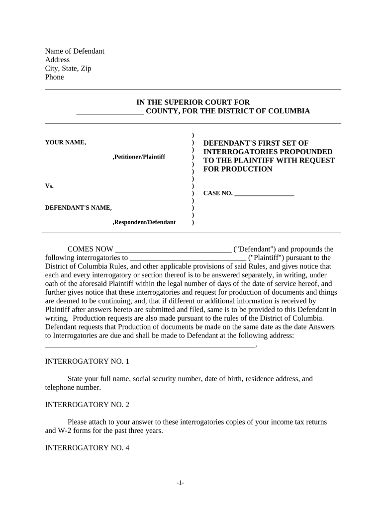 Discovery Interrogatories from Defendant to Plaintiff with Production Requests - District of Columbia Preview on Page 1