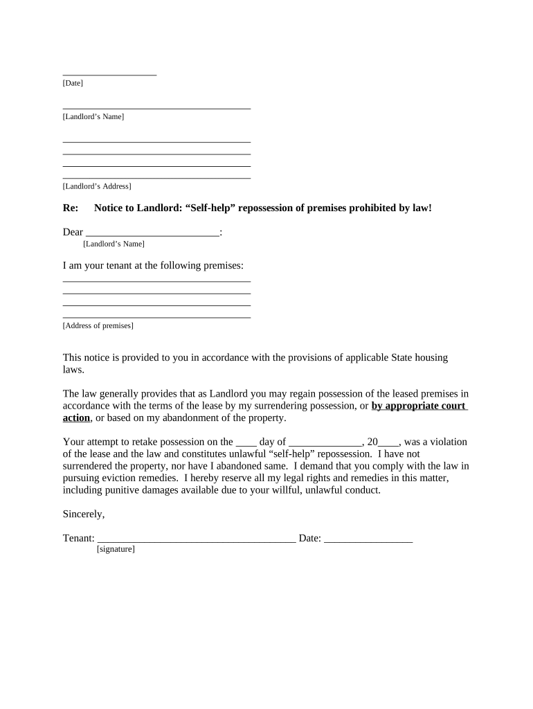 Letter from Tenant to Landlord about Landlord using Unlawful Self-Help to Gain Possession - District of Columbia Preview on Page 1.