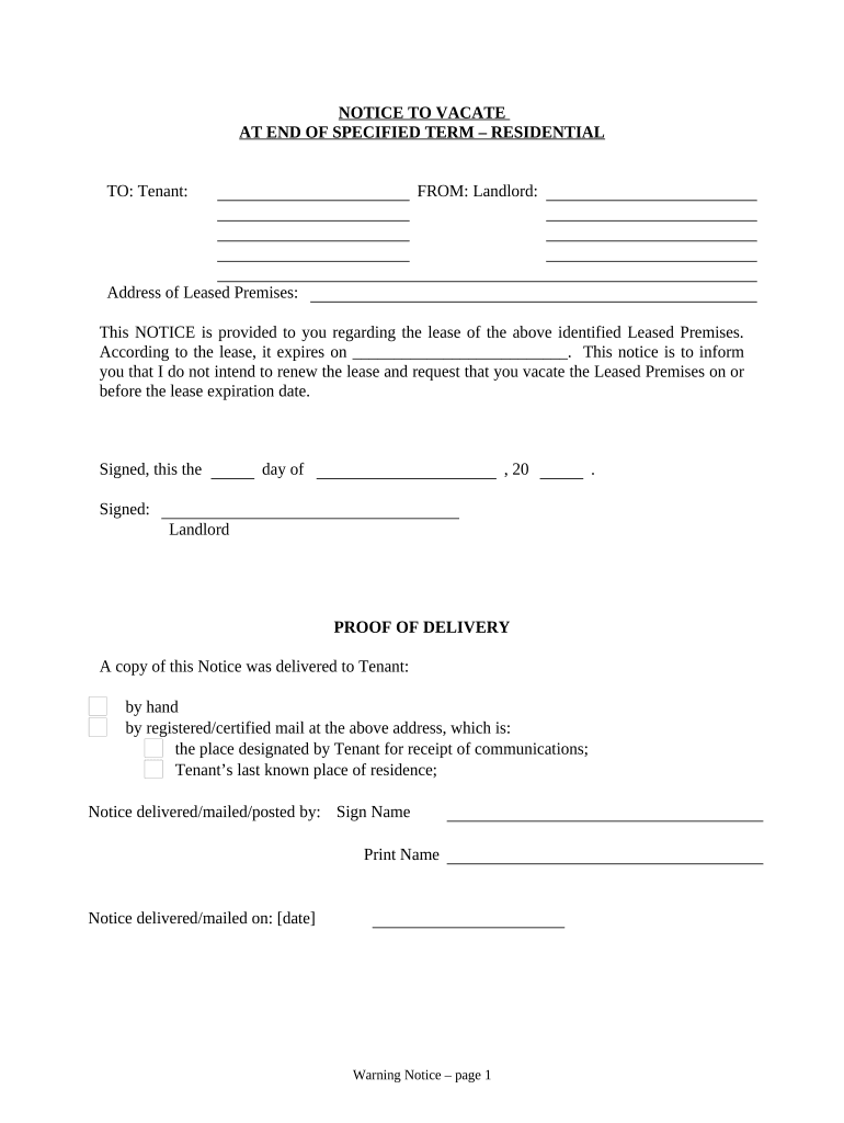Notice of Intent Not to Renew at End of Specified Term from Landlord to Tenant for Residential Property - District of Columbia Preview on Page 1