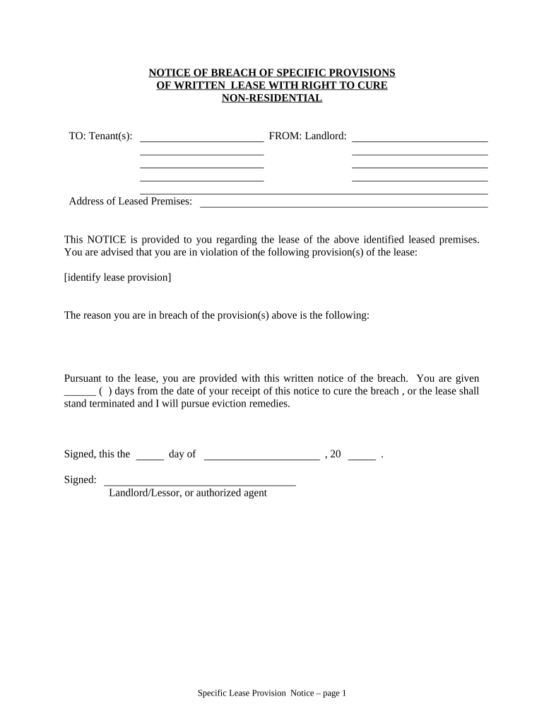 Notice of Breach of Written Lease for Violating Specific Provisions of Lease with Right to Cure for Nonresidential Property from Landlord to Tenant - District of Columbia Preview on Page 1