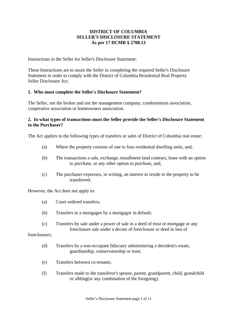 Residential Real Estate Sales Disclosure Statement - District of Columbia Preview on Page 1
