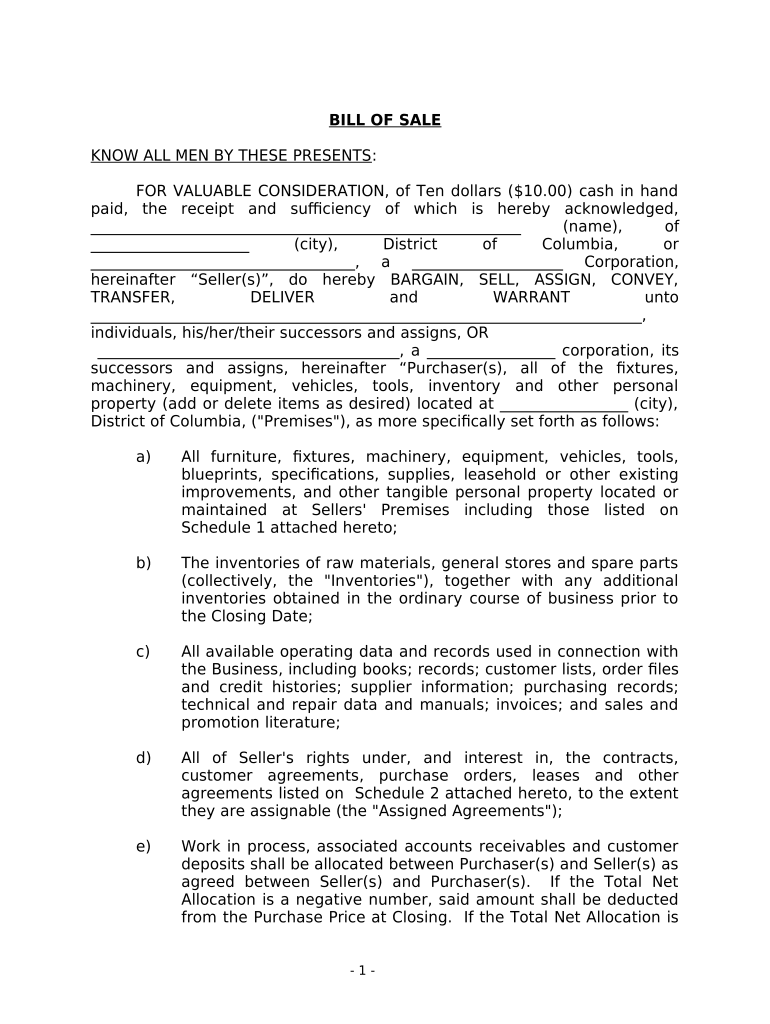 Bill of Sale in Connection with Sale of Business by Individual or Corporate Seller - District of Columbia Preview on Page 1