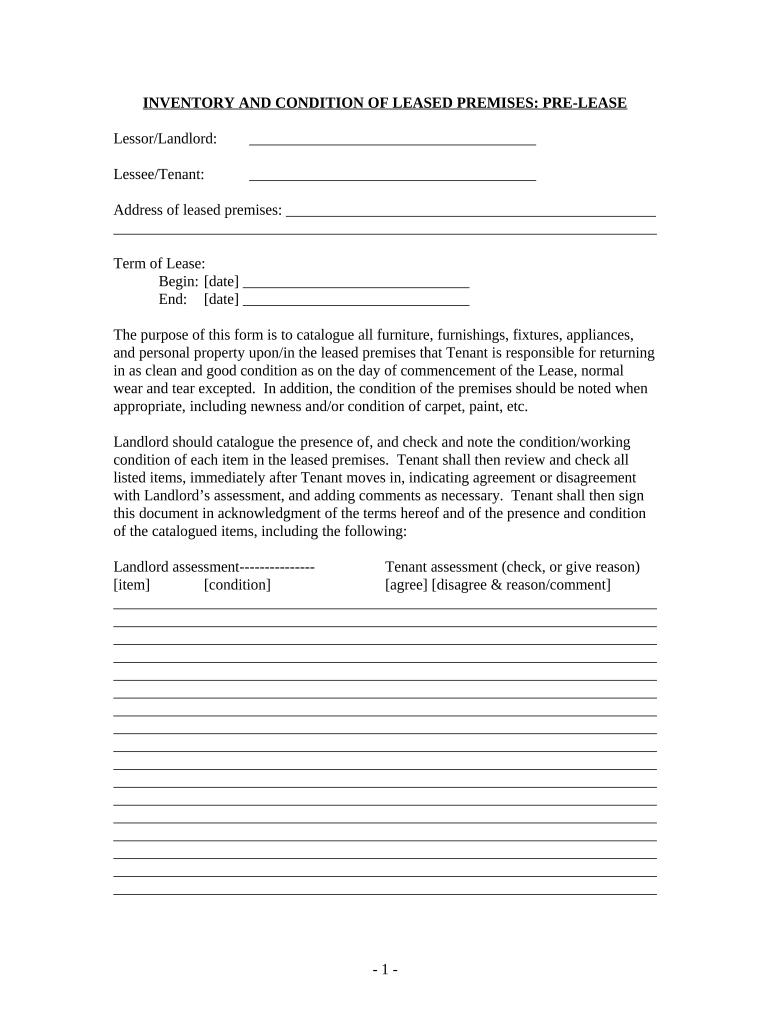 Inventory and Condition of Leased Premises for Pre Lease and Post Lease - District of Columbia Preview on Page 1