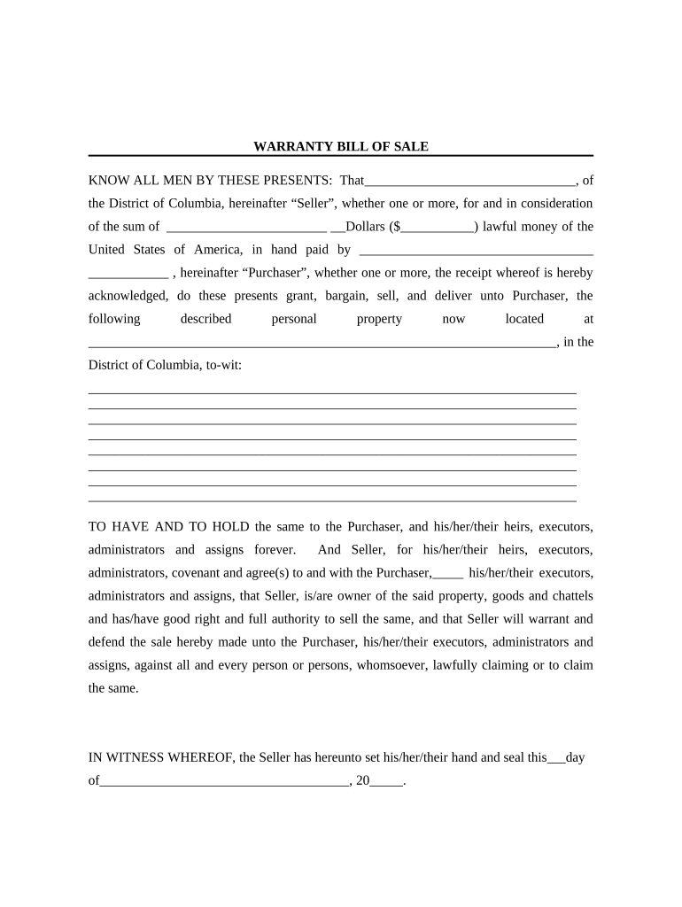 Bill of Sale with Warranty by Individual Seller - District of Columbia Preview on Page 1