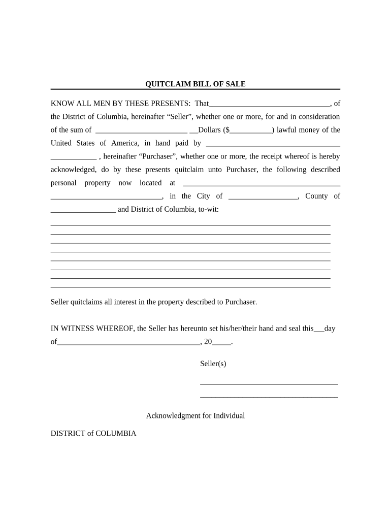 Bill of Sale without Warranty by Individual Seller - District of Columbia Preview on Page 1