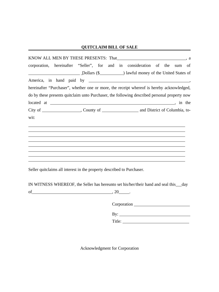 Bill of Sale without Warranty by Corporate Seller - District of Columbia Preview on Page 1