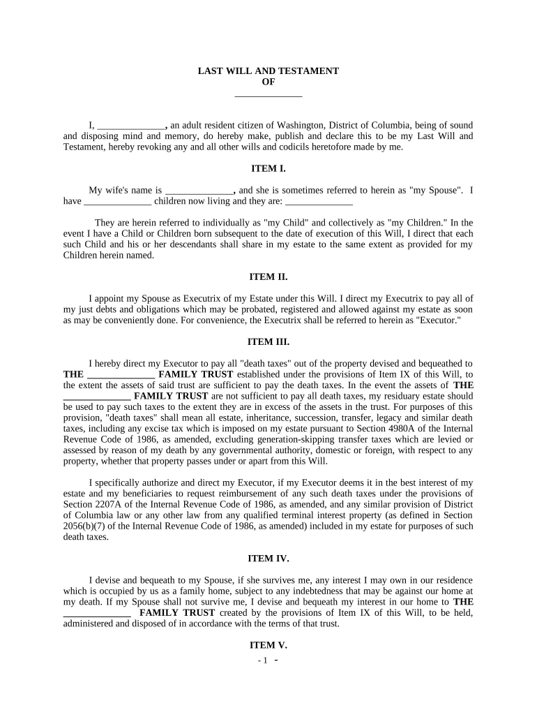 Complex Will with Credit Shelter Marital Trust for Large Estates - District of Columbia Preview on Page 1