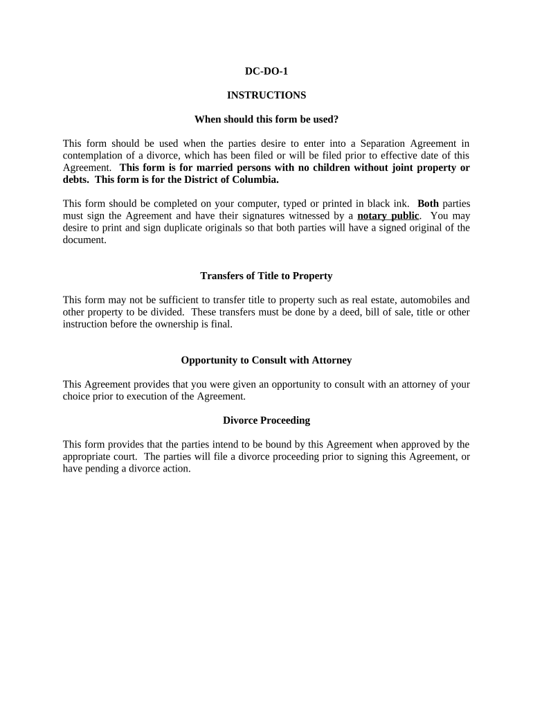 Marital Legal Separation and Property Settlement Agreement for persons with No Children, No Joint Property or Debts where Divorce Action Filed - District of Columbia Preview on Page 1