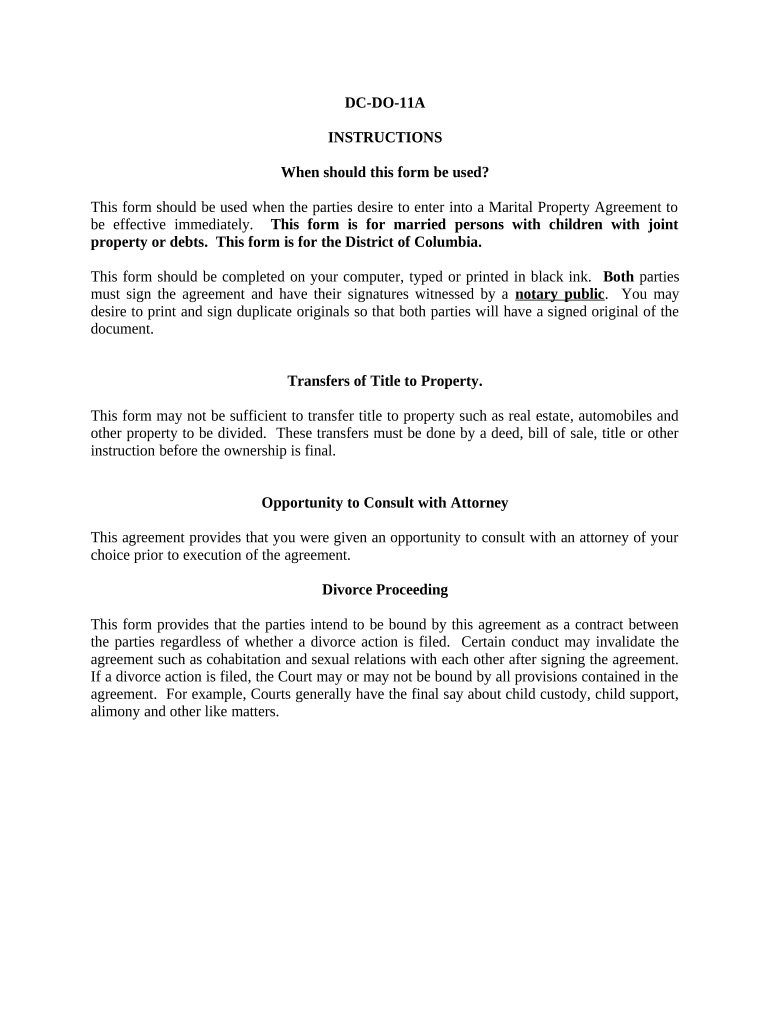 Marital Legal Separation and Property Settlement Agreement Minor Children Parties May have Joint Property or Debts effective Immediately - District of Columbia Preview on Page 1