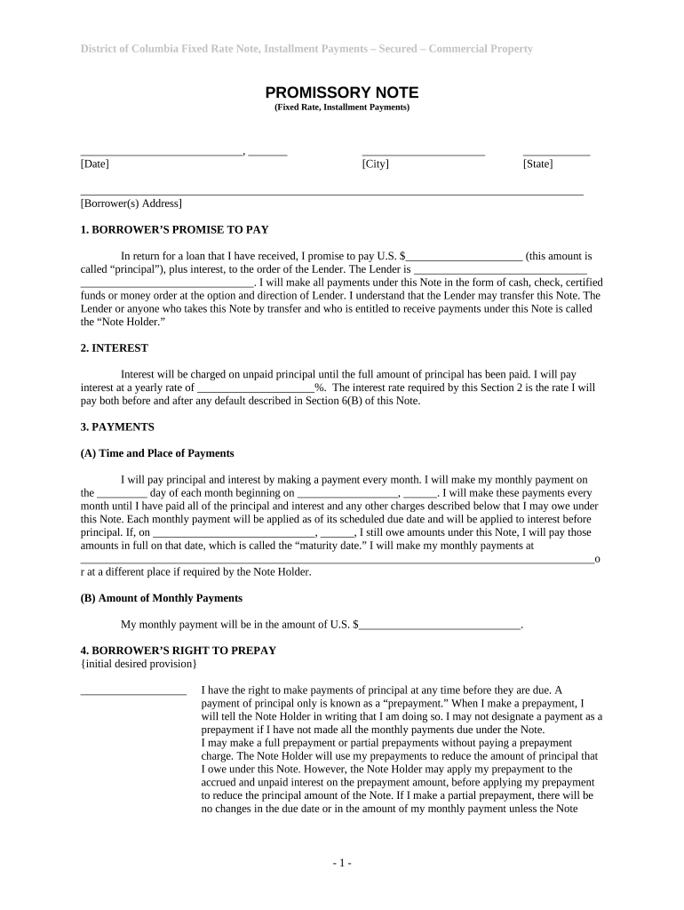 District of Columbia Installments Fixed Rate Promissory Note Secured by Commercial Real Estate - District of Columbia Preview on Page 1.